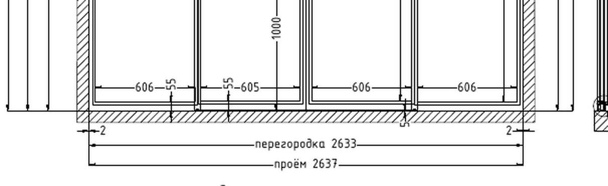 Фрагмент рабочего чертежа BlackDoors: низ конструкции с размерами по секциям